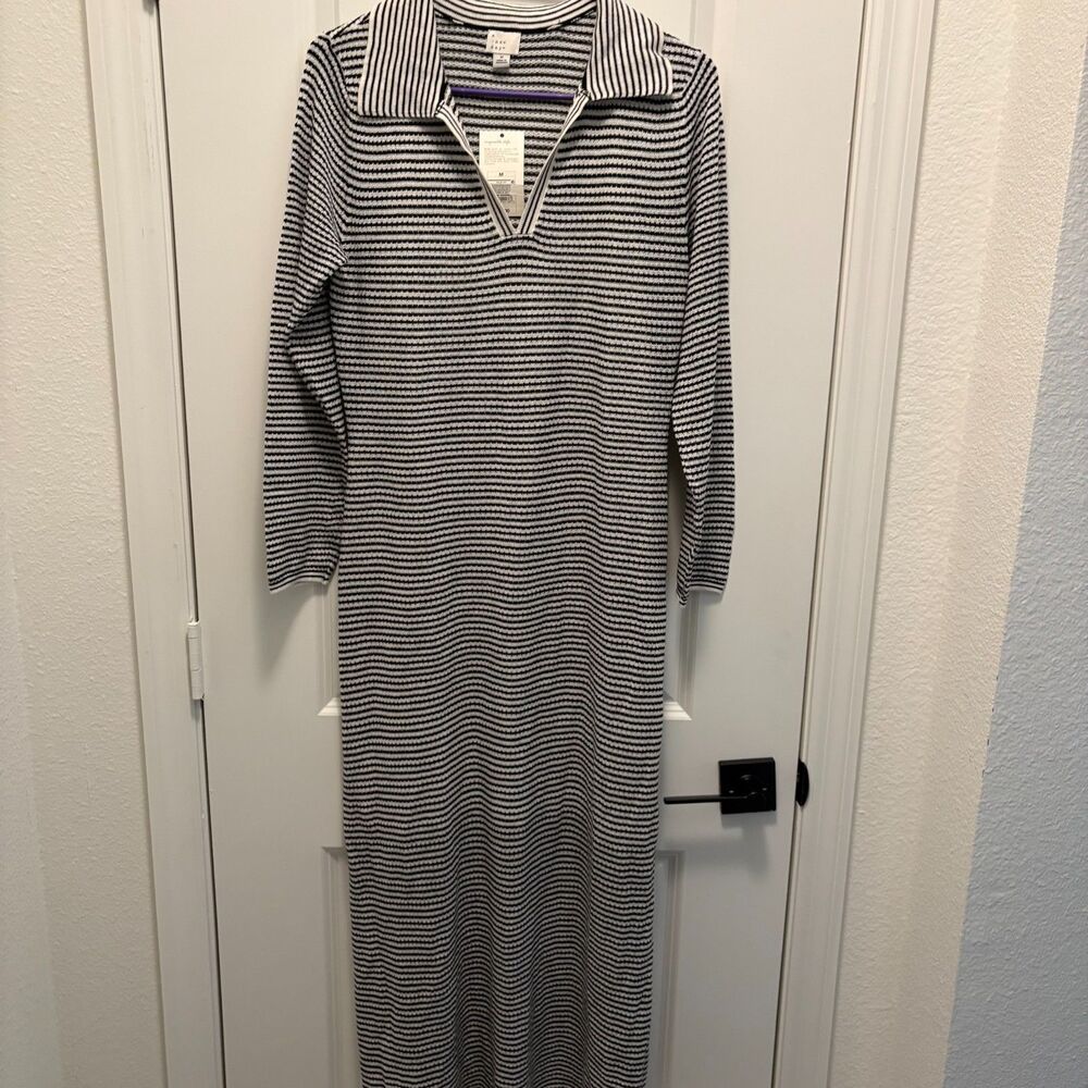 A New Day Black White Striped Maxi Dress Collared V Neck Long Sleeve Lined Sz M - Picture 4 of 9
